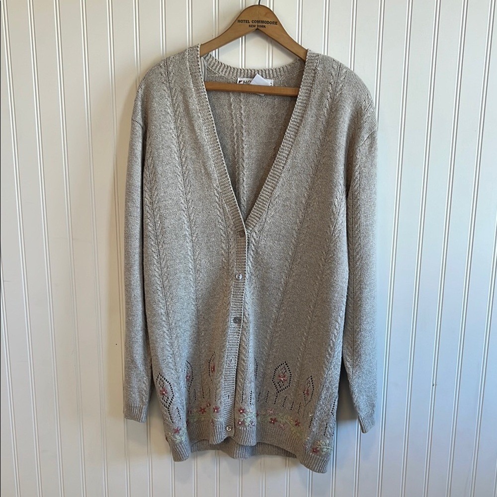 Cottage Core Embroidered Tan Cardigan Women's Size Medium Linen Cotton